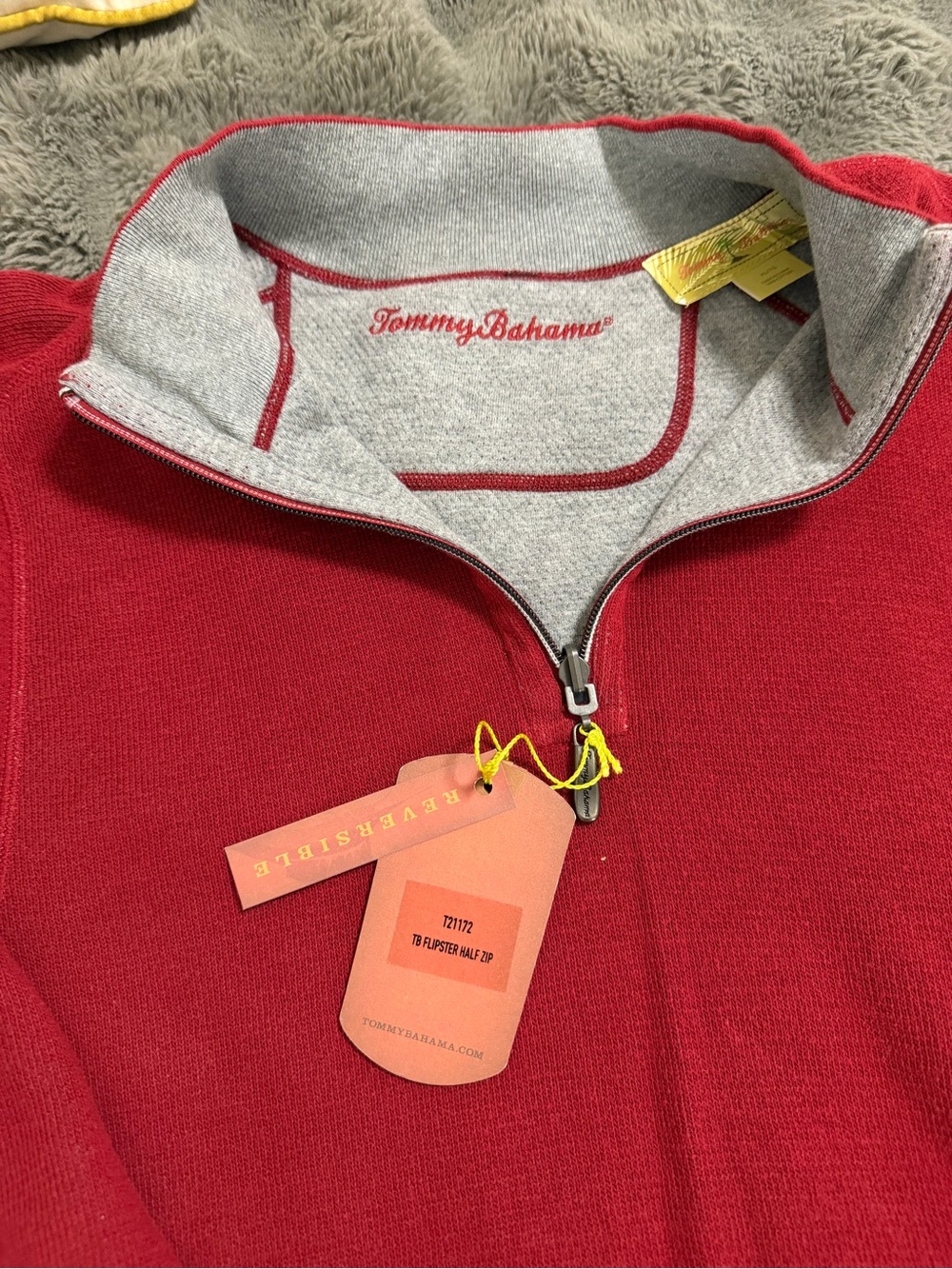 Tommy Bahama Red Men’s Half-Zip Sweater with Gray Contrast Collar - Picture 3 of 6
